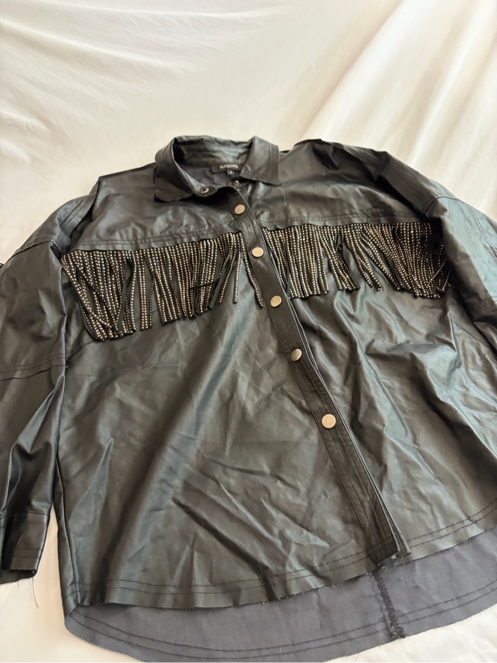 Olivaceous Black Faux Leather Fringe Snap-Front Jacket Size S